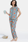 Zivame Blotched Bloom Woven Pyjama Set - Pool Blue — thumbnail 4